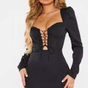 Pretty Little Thing BLACK LACE UP CUP DETAIL LONG SLEEVE BODYCON DRESS SZ M